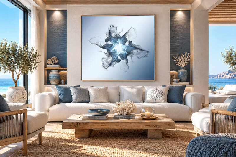Salon mediterranéen avec un tableau sur le mur central représentant une fractale bleue