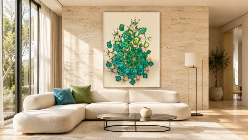 Une œuvre fractale végétale devient le point focal d’un salon contemporain lumineux, entre travertin, ivoire et verre.