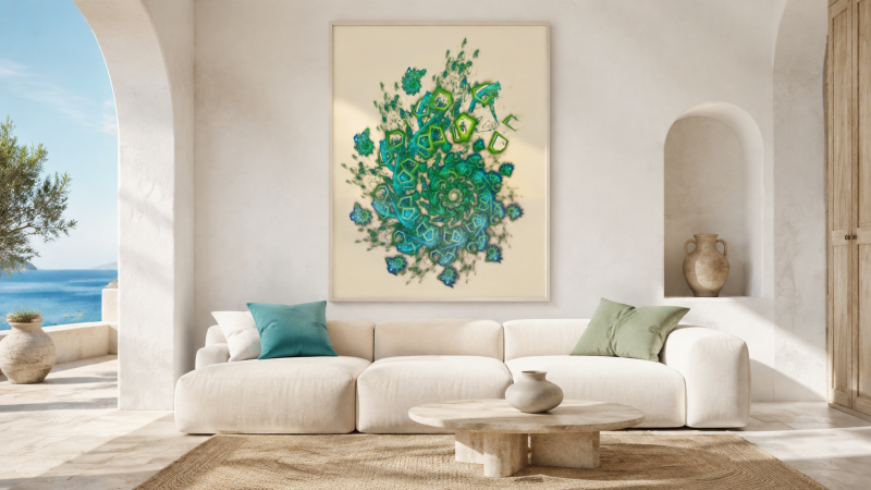 « Julian2, Crackle & GlynnSim », œuvre fractale de Dominique Van Eeckhoudt, illumine un salon méditerranéen aux tons crème, verts et turquoise.