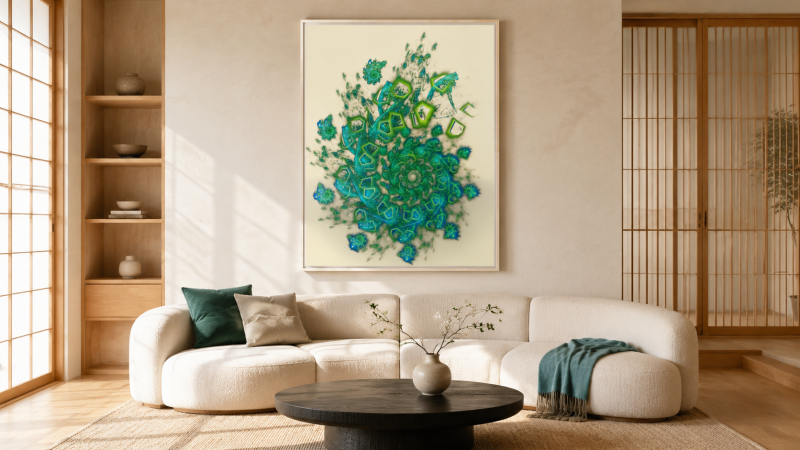 Une fractale organique verte et turquoise s’intègre dans un salon japonais épuré, entre bois clair et lumière naturelle.