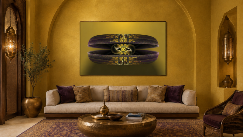 Œuvre fractale dorée dans un salon oriental raffiné.