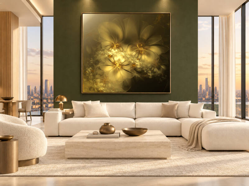 Salon penthouse décoré  d'une fractale dorée sur un mur foncé vert olive