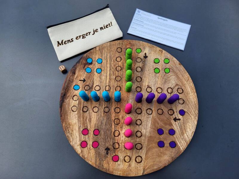 Mens erger je niet spel met de kleuren blauw, groen, paars en roze