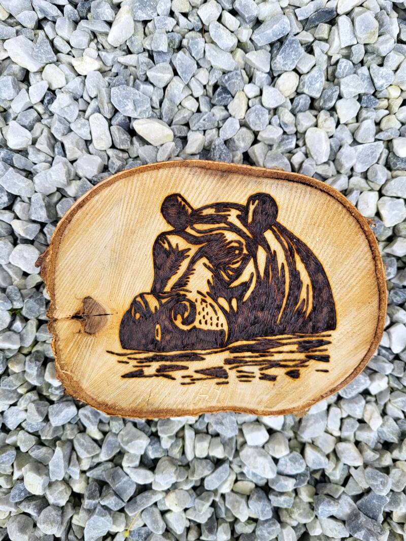 Boomschijf met een nijlpaard erop houtgebrand