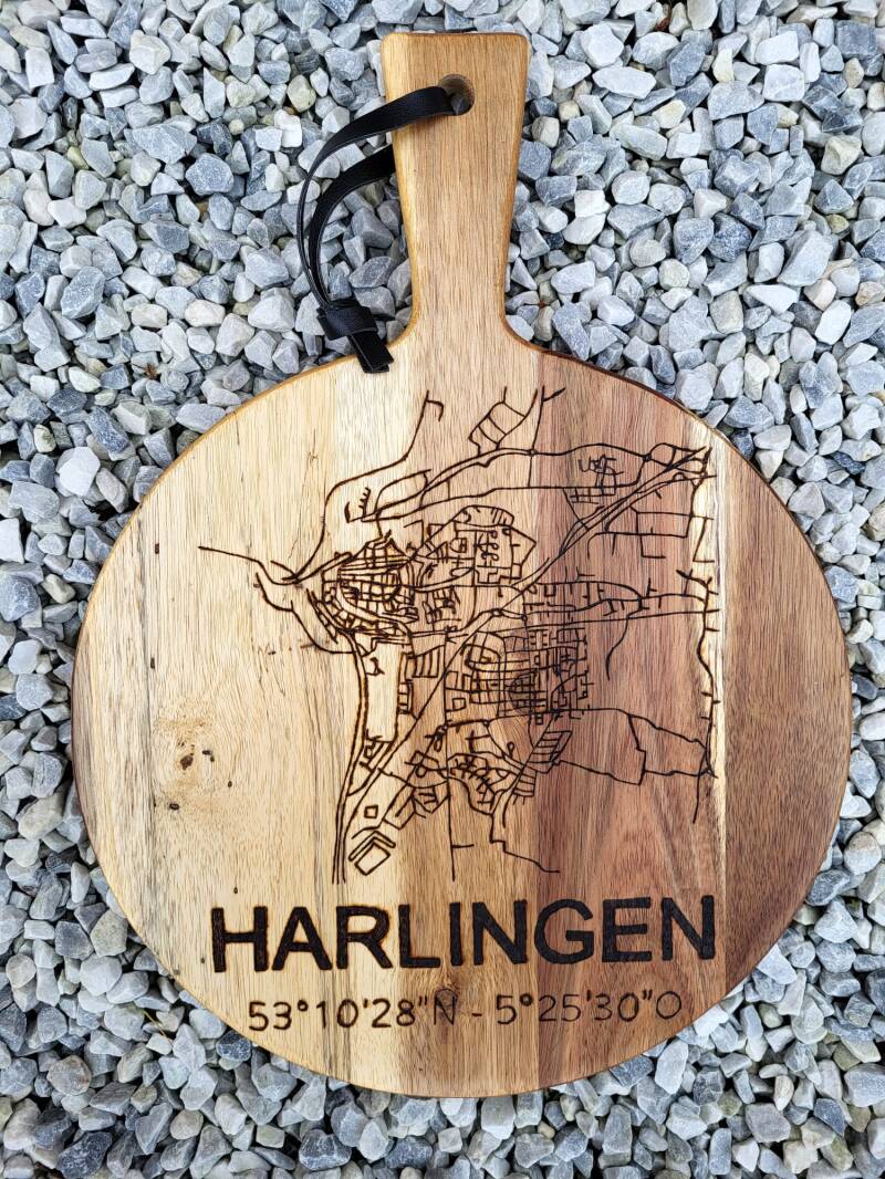 Acacia plank met plattegrond Harlingen houtgebrand