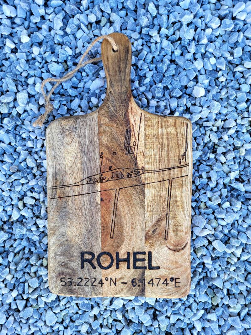 Mangohouten plank met plattegrond Rohel houtgebrand
