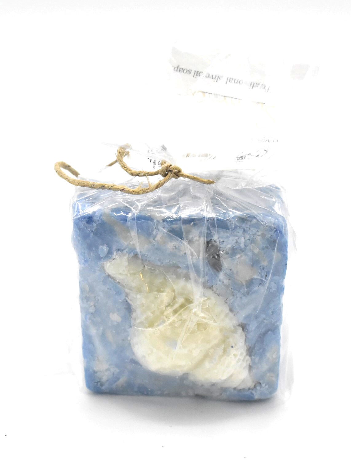 Marika Olijfoliezeep blauw/wit met schelp, 6x6x4cm