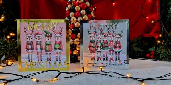 16. Kerstkaart, 4 Rendieren met kleding in de sneeuw, set van 4 (2x2), 13x13cm