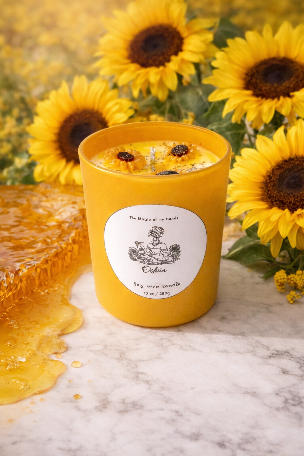 Handmade Oshun Soy Candle 10 OZ - Sunflower Scented, Eco-Friendly Wax, 280g