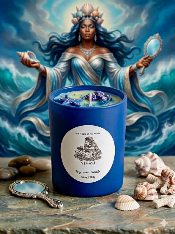 Handmade Yemaya Soy Wax Candle 10 oz 280g Scented Candle with Seashell Accents