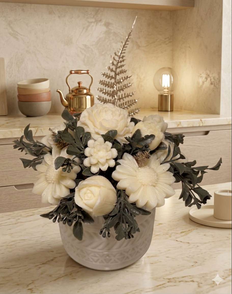 Handmade Soy Wax Bouquet - Elegant White Floral Arrangement in a White Vase with Greenery and Gold Fern Accent