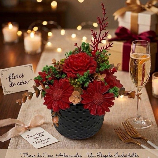 Handmade Soy Wax Bouquet - Red Flowers in Black Pot - Perfect for Table Decor - Unforgettable Gift - Flores de Cera Artesanales