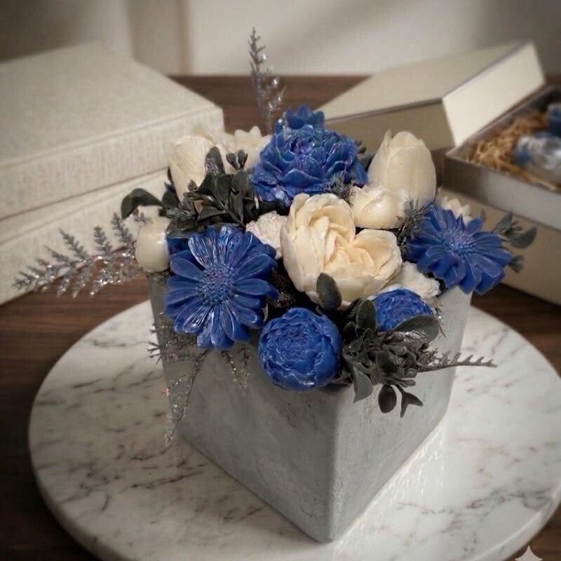 Handmade Soy Wax Bouquet Blue and White Floral Arrangement in a Silver Ceramic Container for Home Decor - Candle