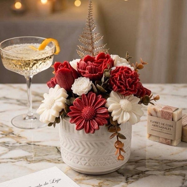 Handmade Soy Wax Bouquet - Red and White Floral Arrangement in White Vase for Home Decor
