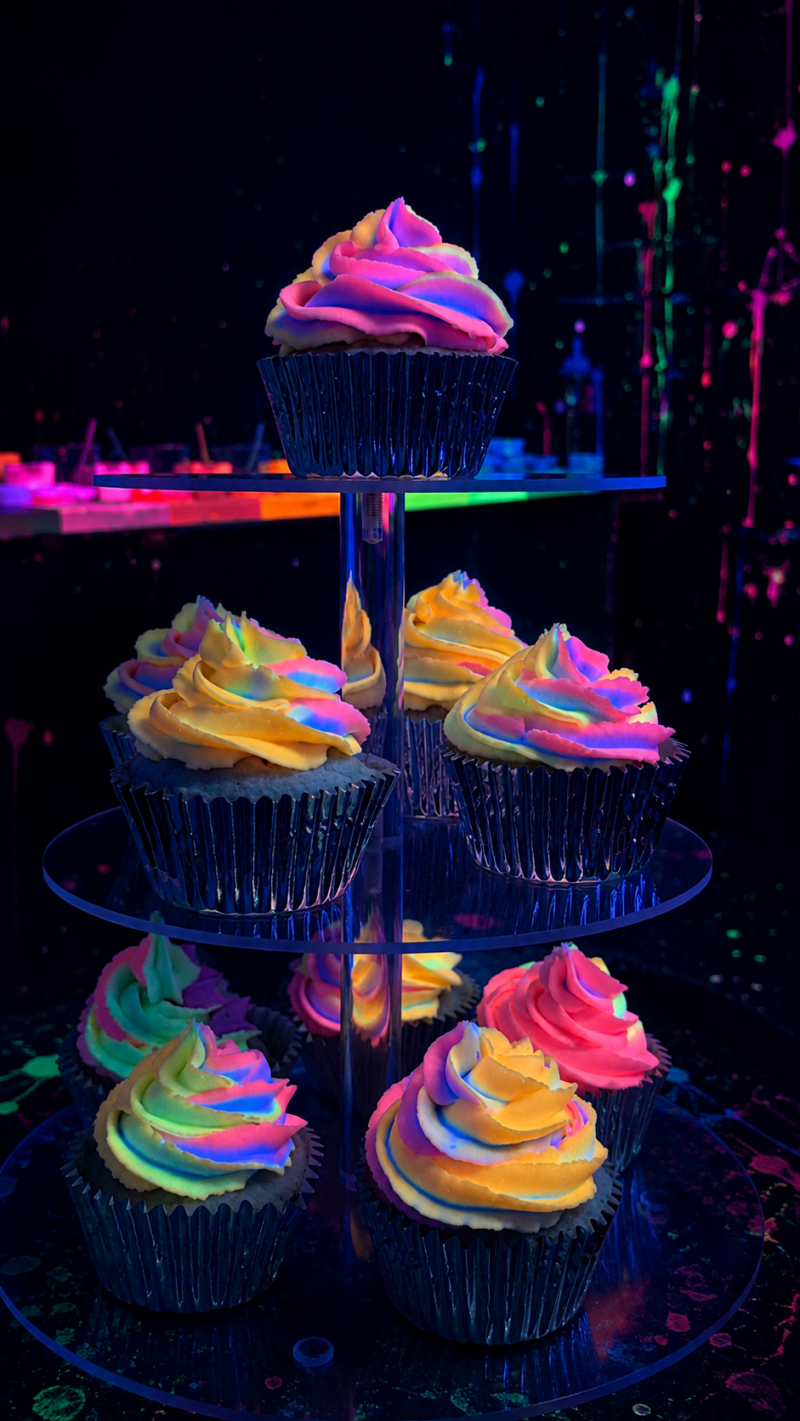 Bunte leuchtende Cupcakes unter Schwarzlicht bei der Glowbration Kids Birthday Party im KUN5T.