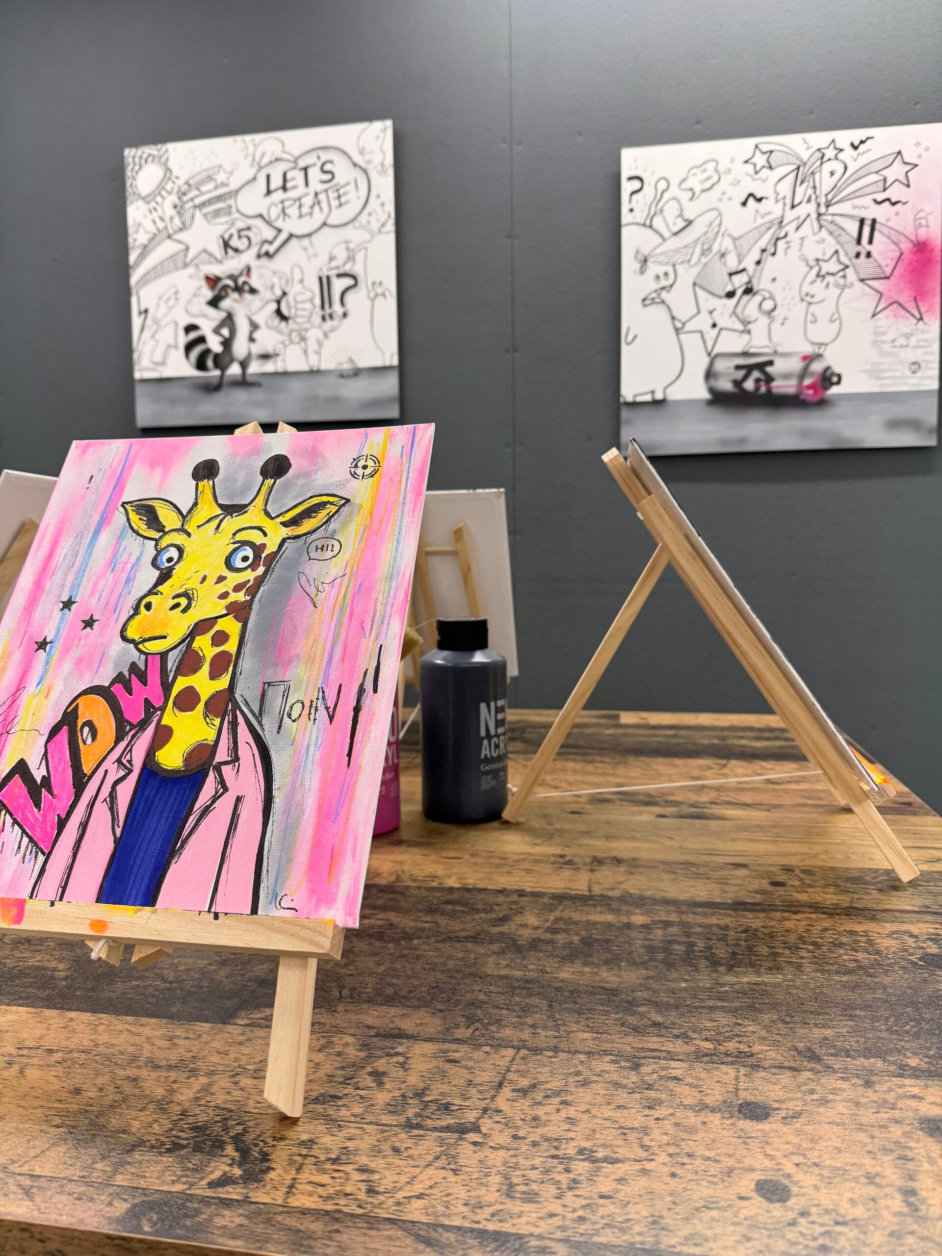 Urbanes street art Giraffen Artwork aus dem KUN5T Kids Workshop im underground Studio KUN5T in Eschenbch.