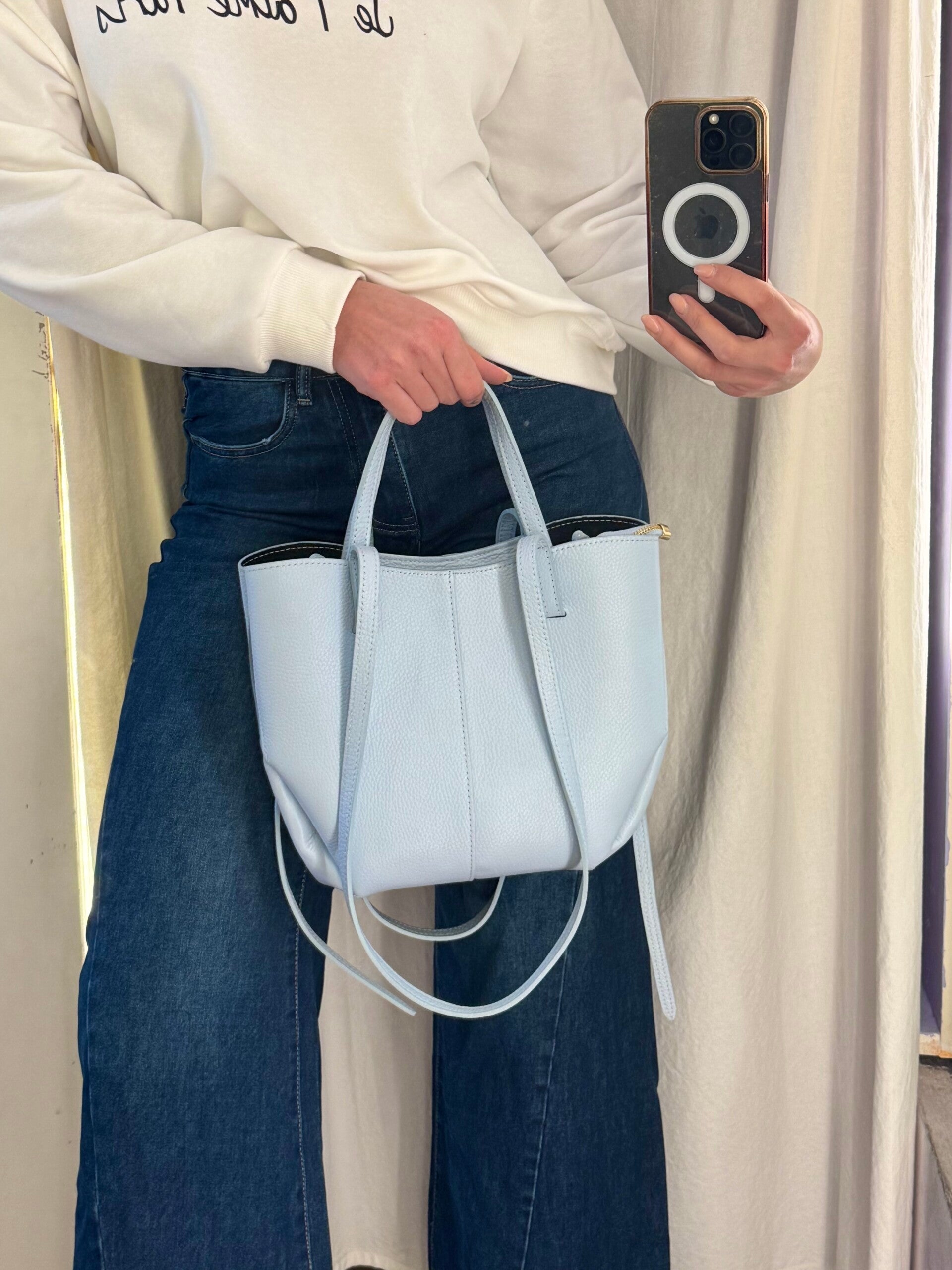 Borsa Vera Pelle Celeste Élégance