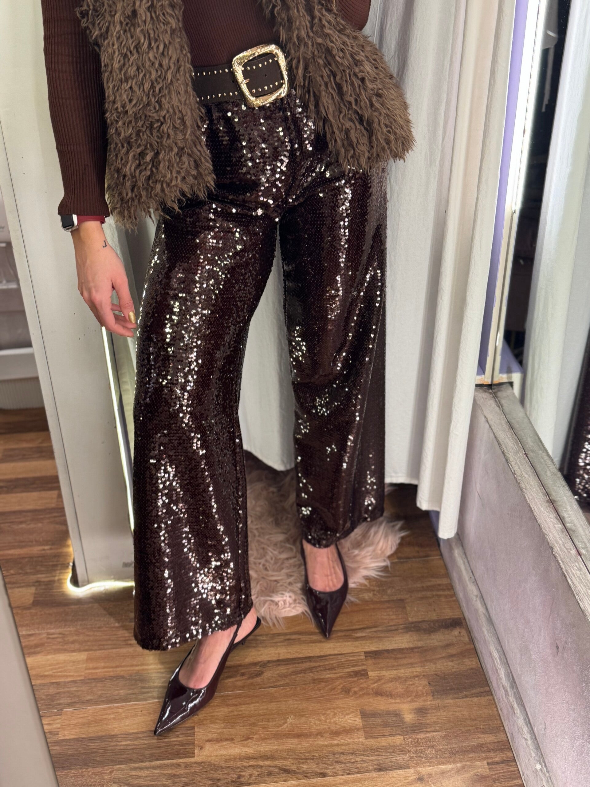 Pantalone paiettes marrone -50%