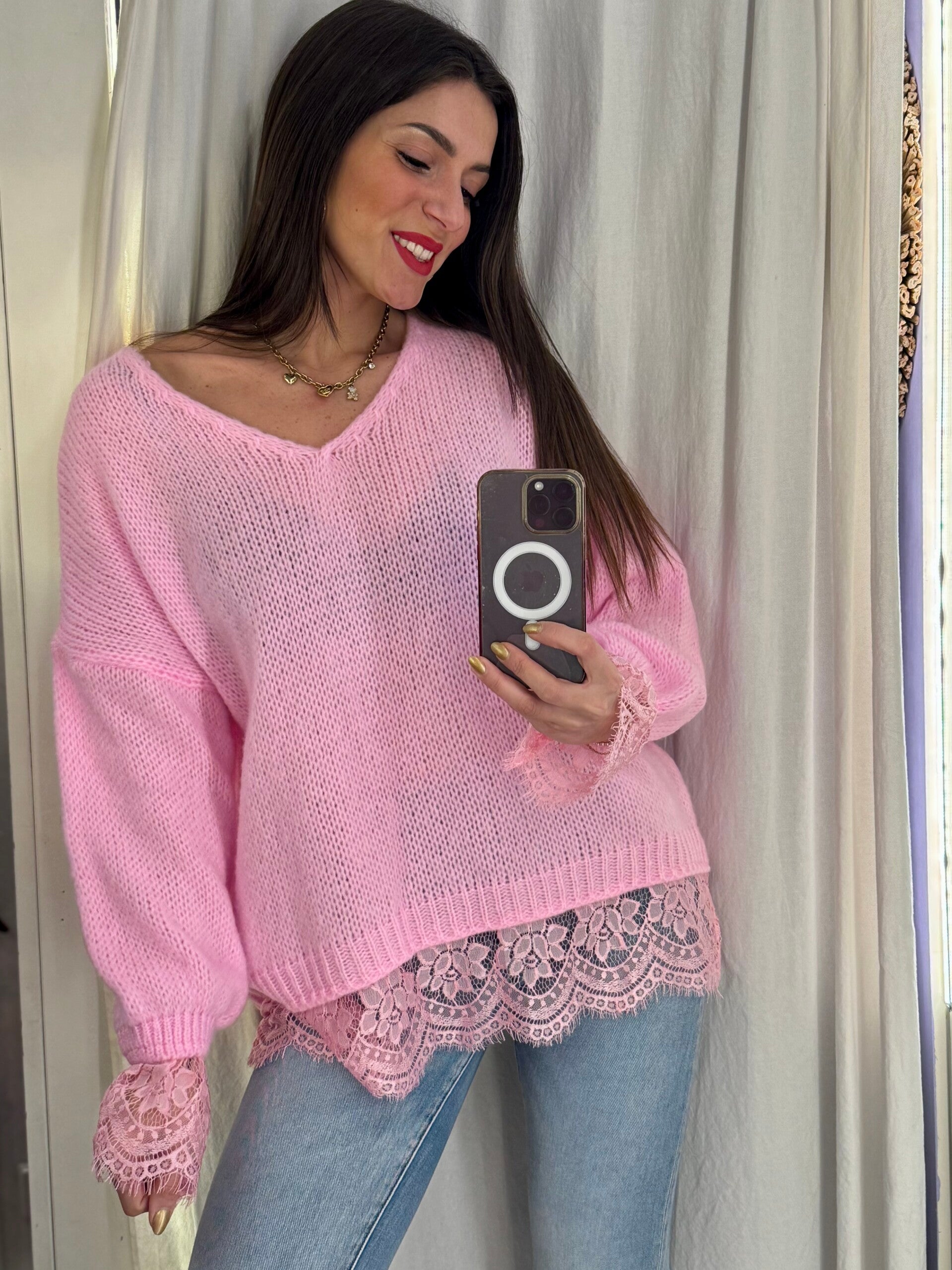 Maglione rosa con pizzo -20%