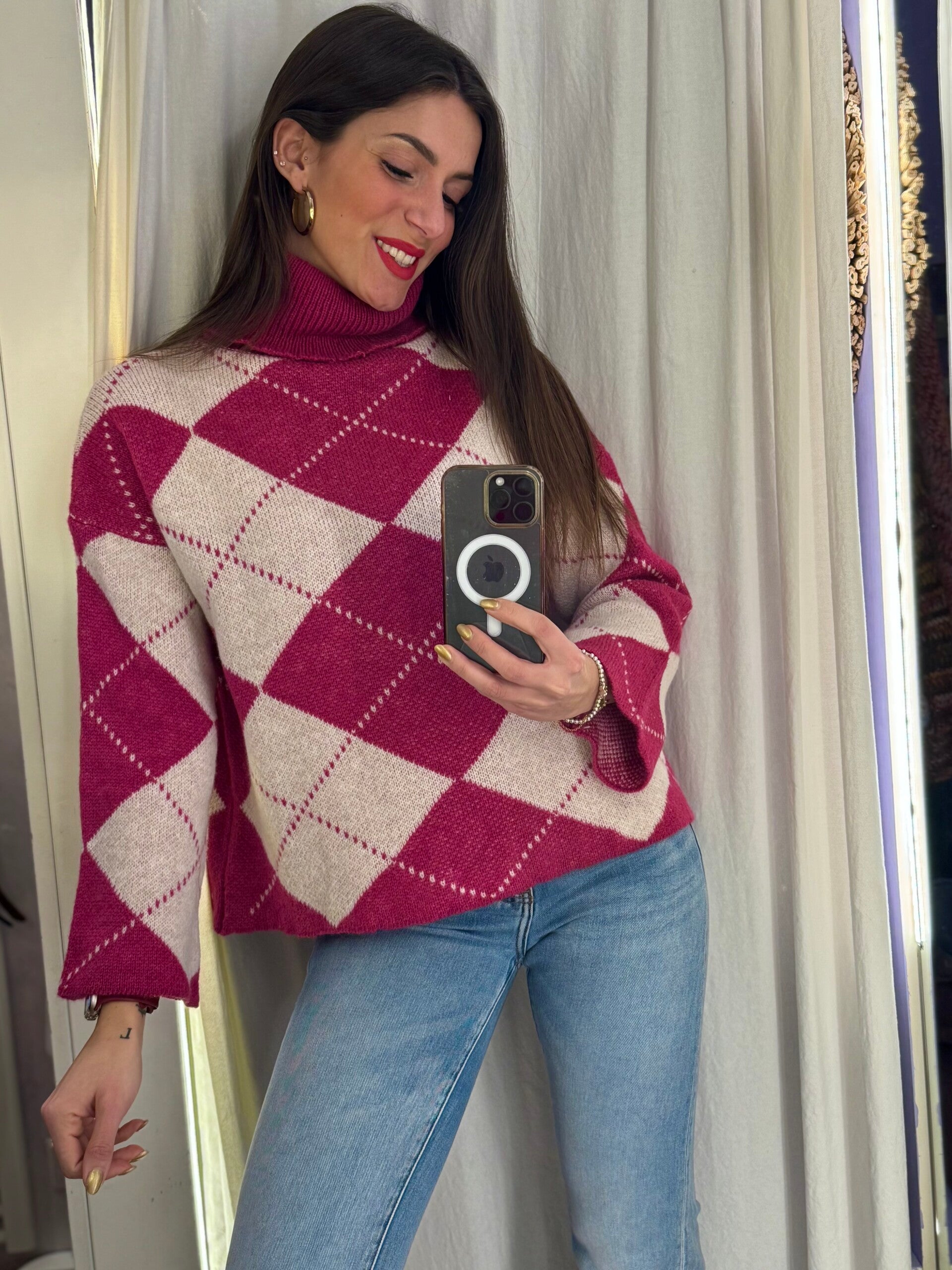 Maglione con losanghe fuxia -20%