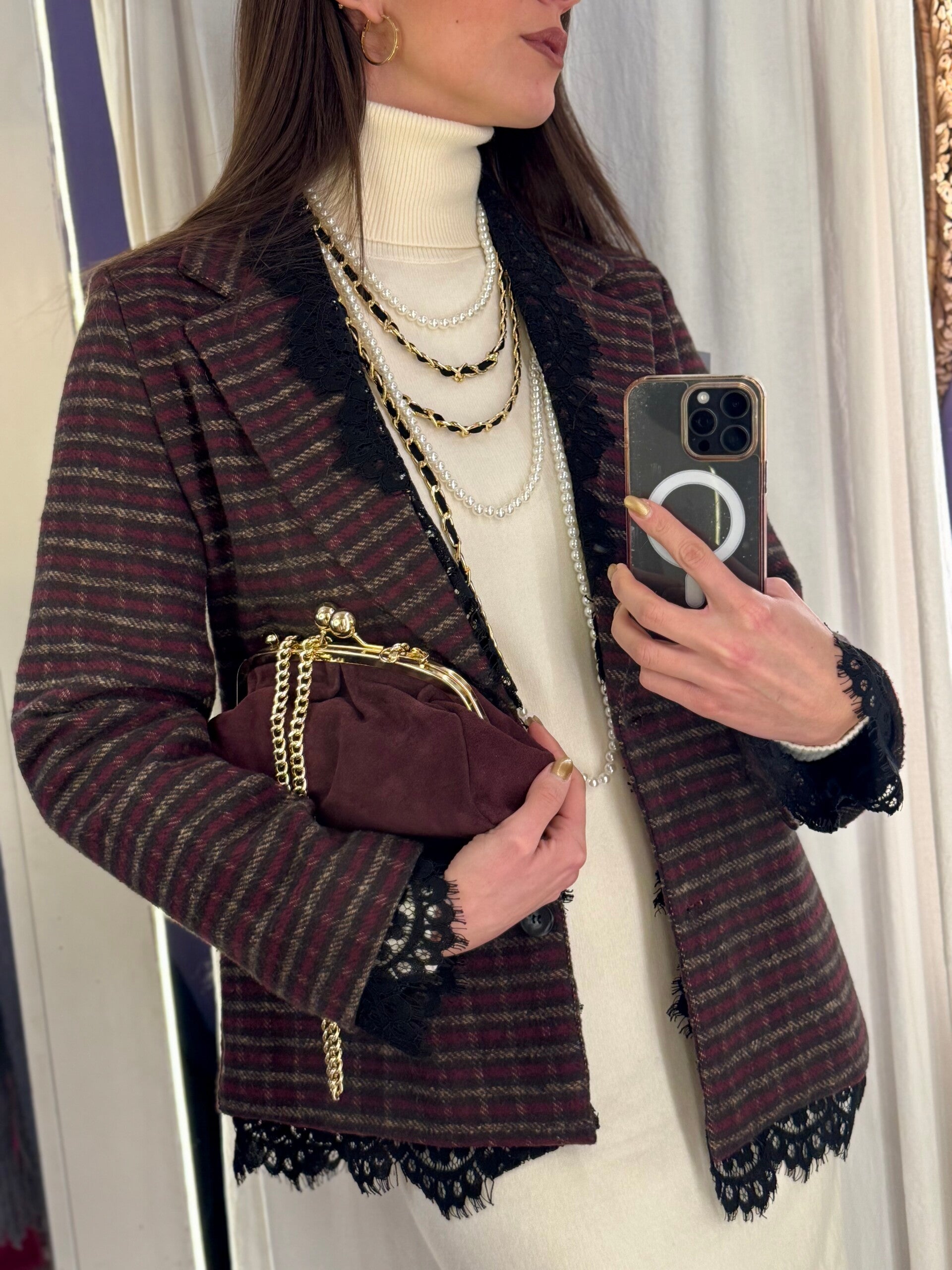 Blazer scozzese con pizzo bordeaux -50%