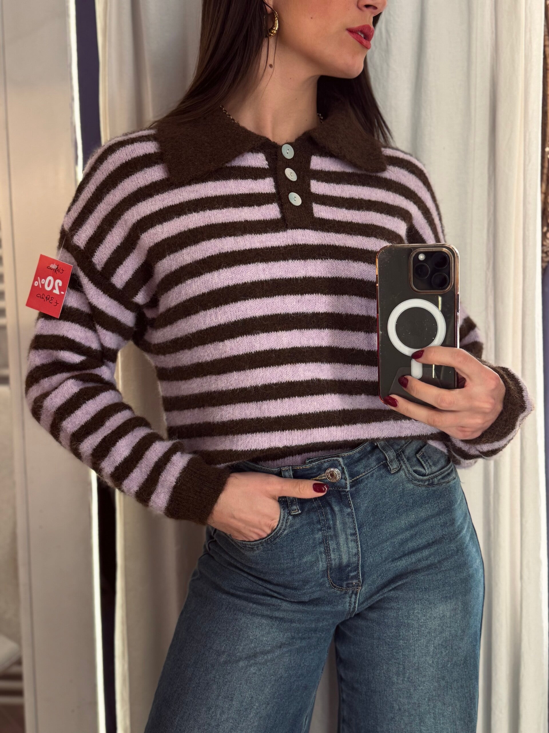 Maglione polo a righe lilla/marrone -20%