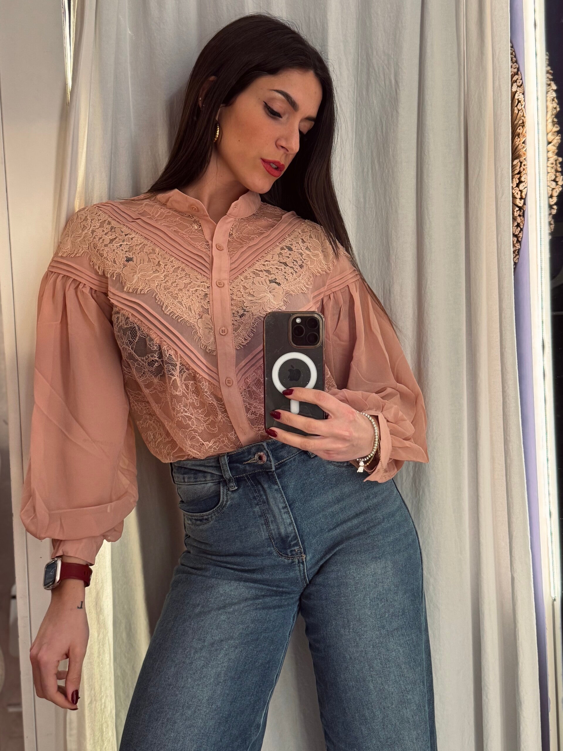 Camicia con inserti pizzo rosa cipria