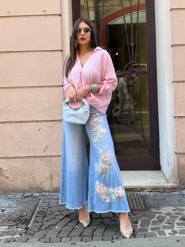 JEANS PALAZZO RICAMI FLOREALI
