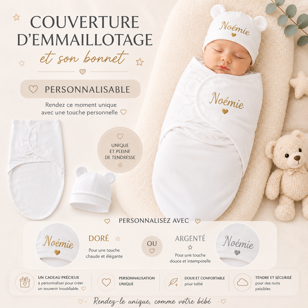 Ensemble couverture d'emmaillotage et son bonnet personnalisé