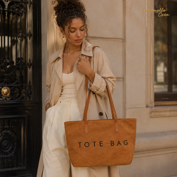 Tote Bag camel effet suédine – Grand sac cabas zippé