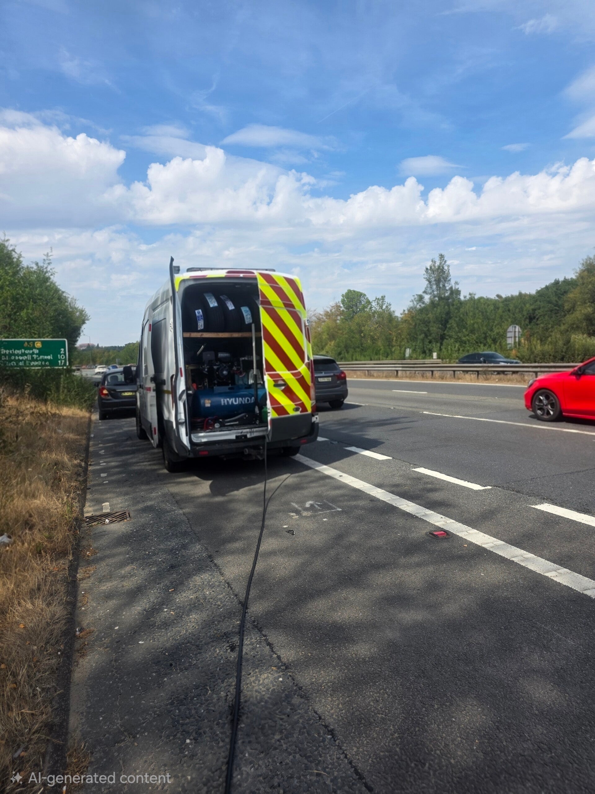 Mobile tyre fitting van parked on a motorway hard shoulder during an emergency roadside callout.