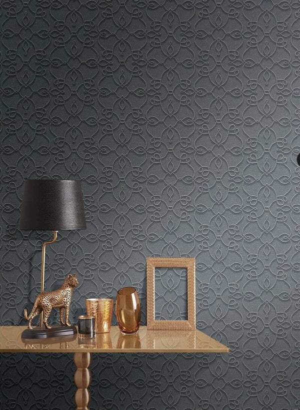 Noir Elegance - Charcoal Trellis & Scroll Ornamental Wallpaper/per SQM