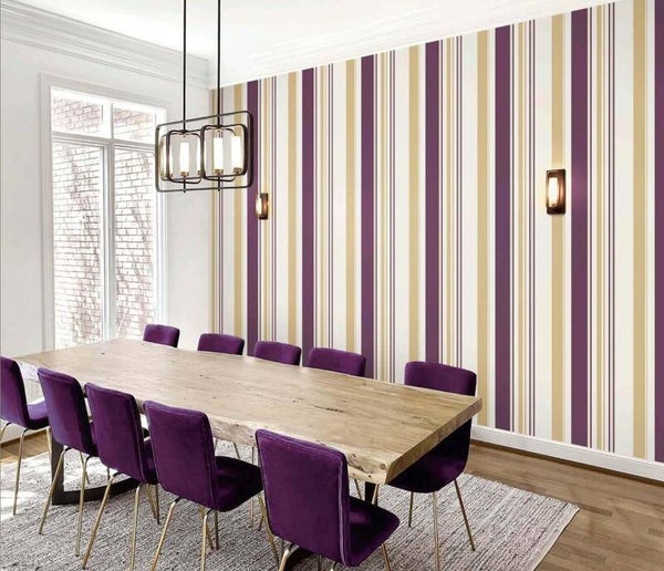 Majestic Stripes - Royal Purple & Gold Vertical Stripe Wallpaper/per SQM