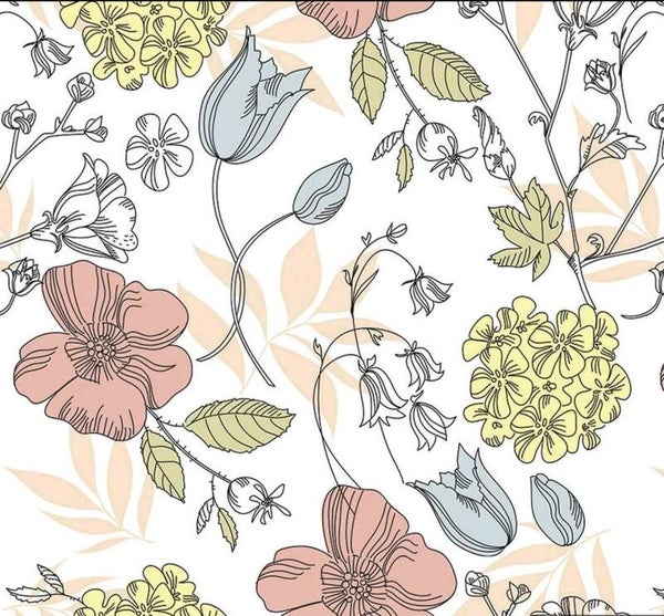 Soft Floral Sketch Wallpaper - Pastel Garden/per SQM