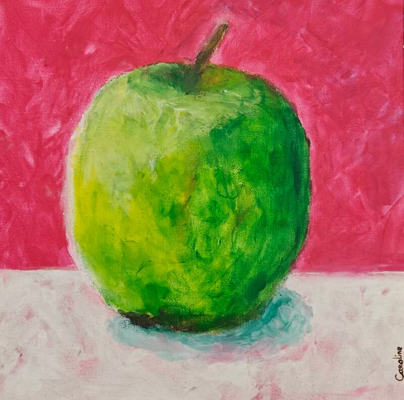 Appel | formaat 25 x 25 cm | acrylverf op canvasboard met vingerverf techniek | 75,- incl. lijst