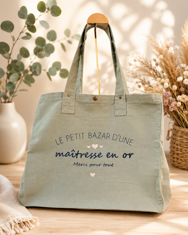 Sac cabas “Le petit bazar d’une maîtresse en or – Merci pour tout.”