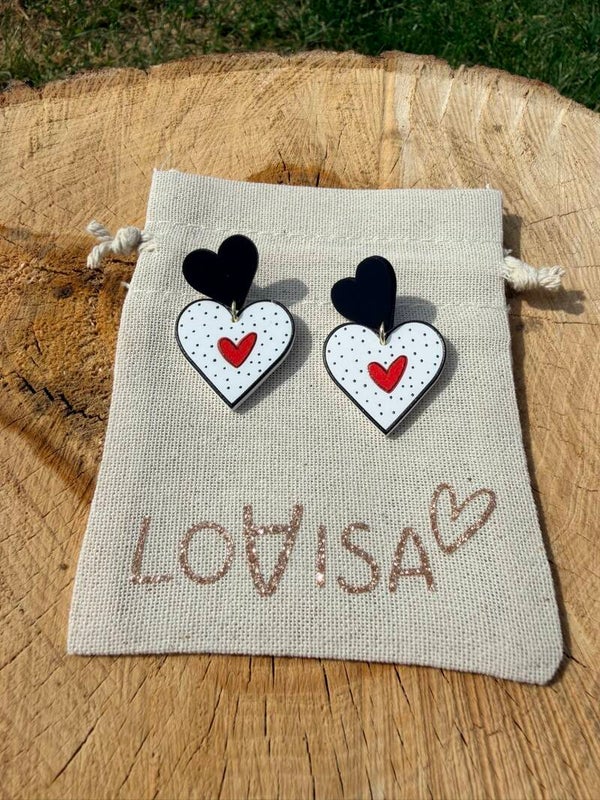 Boucles d’oreilles cœur pois noirs & cœurs rouges