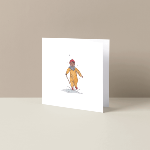 Gevouwen wenskaart Jongetje in de regen