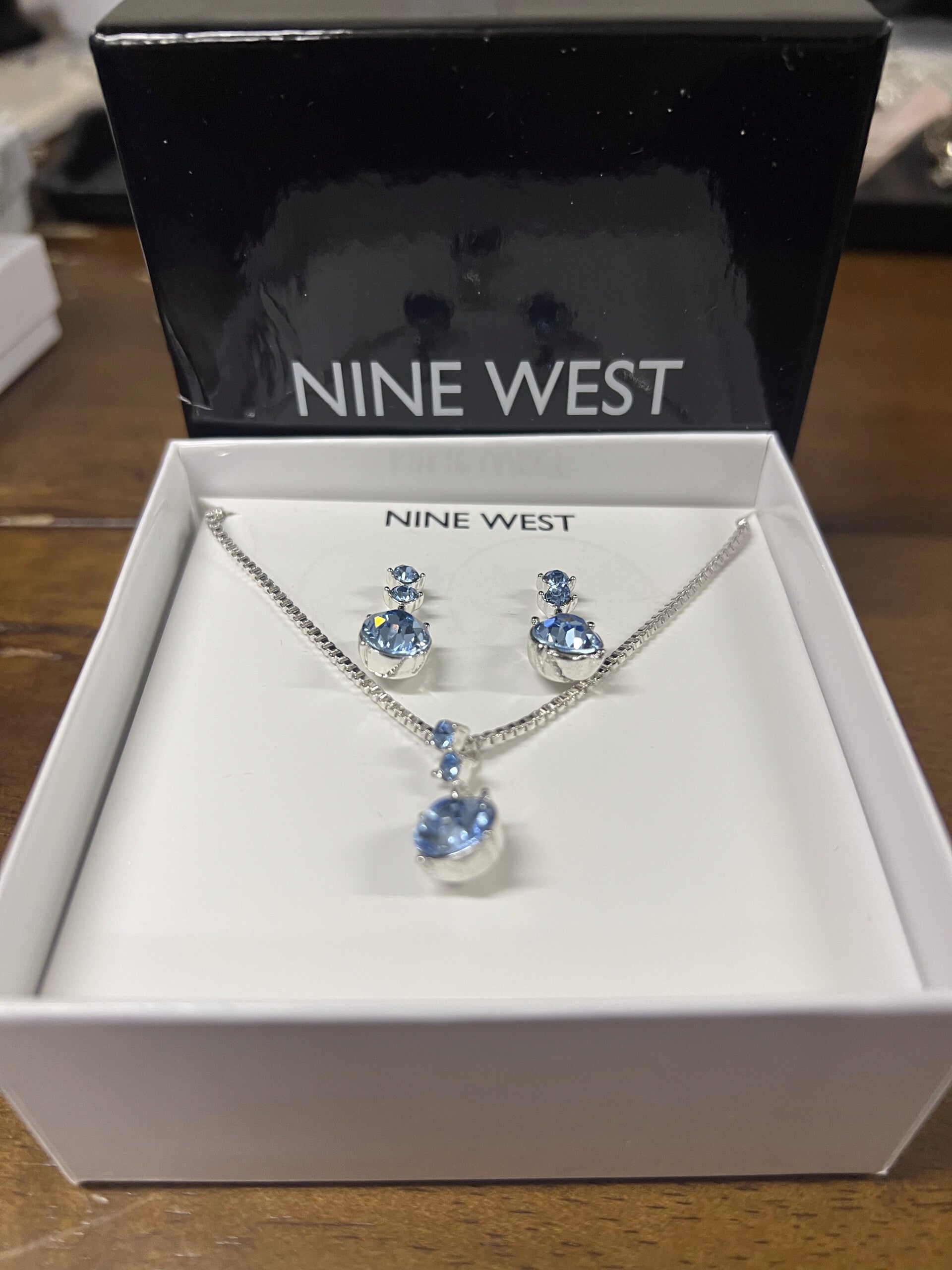 Nine West Light Blue Crystal Silver-Toned Earring & Necklace Set
