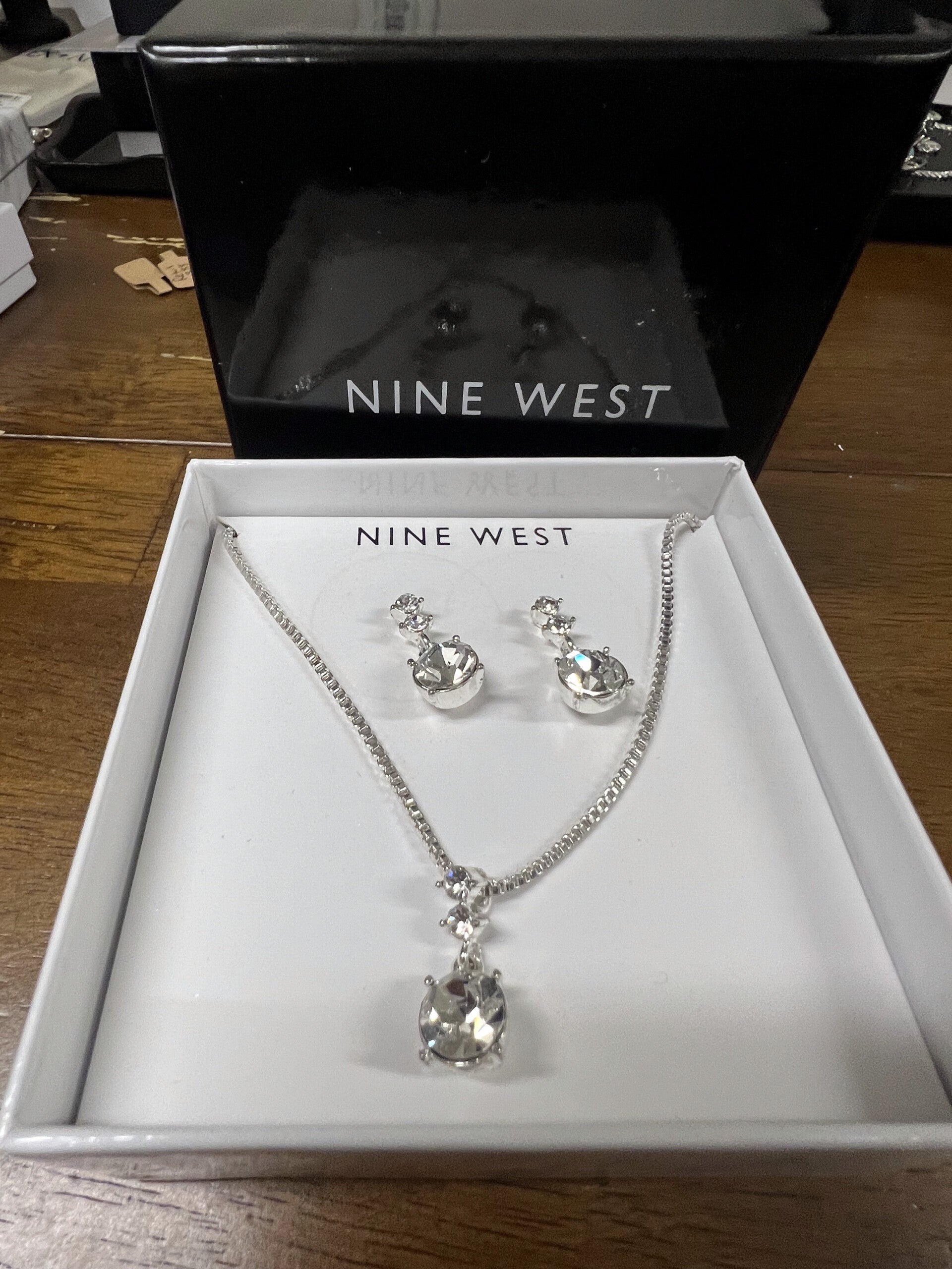 Nine West Silver-Toned Crystal Earring & Necklace Set