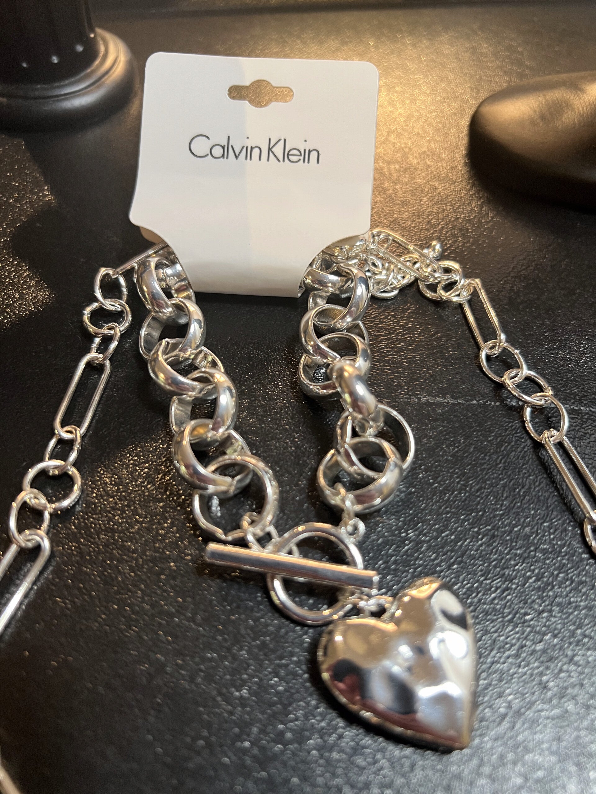 Calvin Klein Heart Bracelet & Necklace Set – Silver Toned