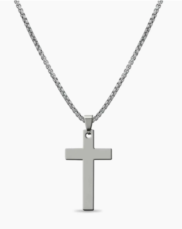 Stainless Steel Box Chain Cross Necklace - 24" chain