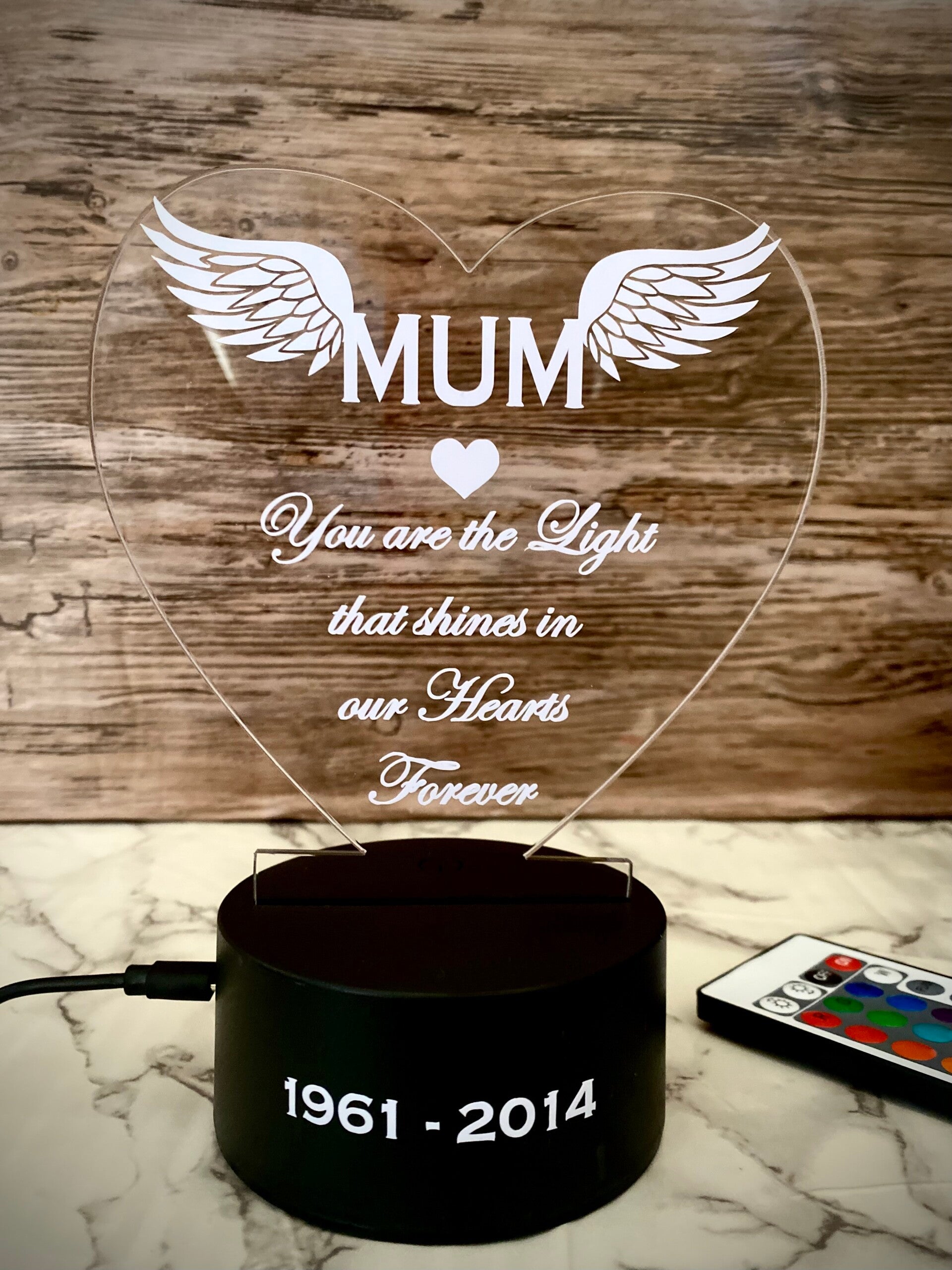 Memorial Heart Acrylic LED Light, USB, Remote control, Batteries, Personalised