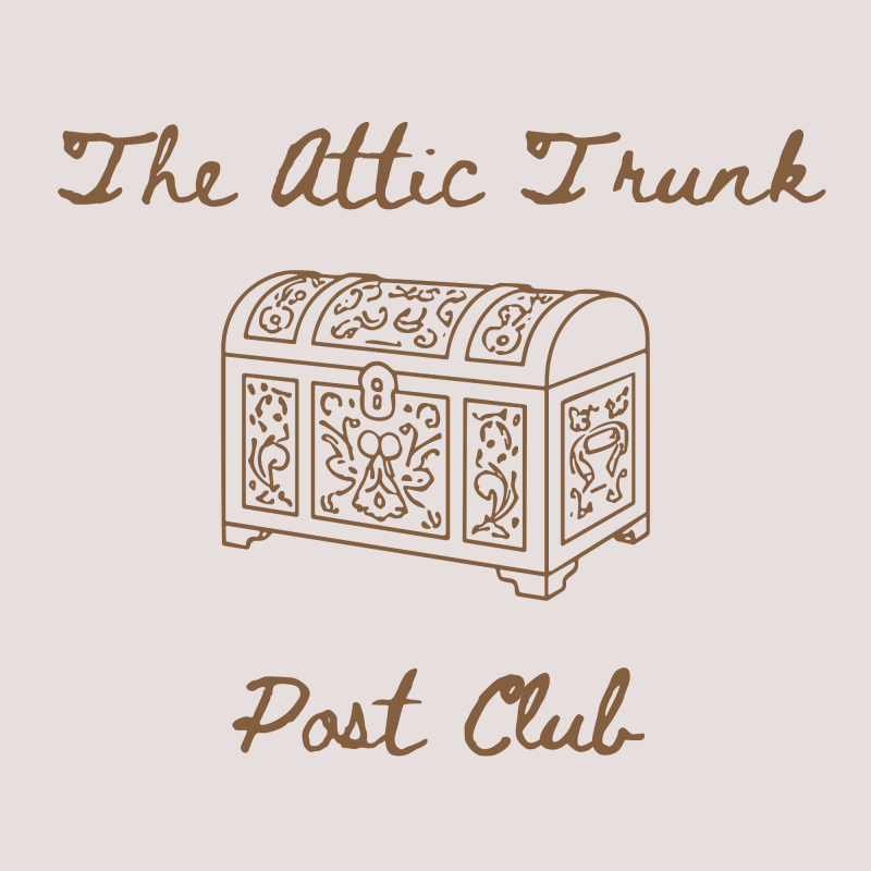 Vintage logo for ‘The Attic Trunk Post Club’ featuring handwritten lettering and an antique storage chest with decorative panels.