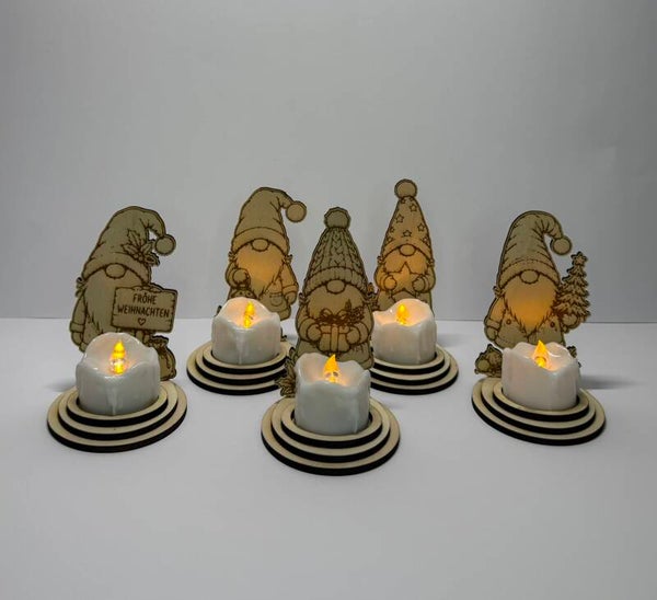 Weihnachtswichtel mit LED-Teelichthalter aus Holz als Set oder einzeln
