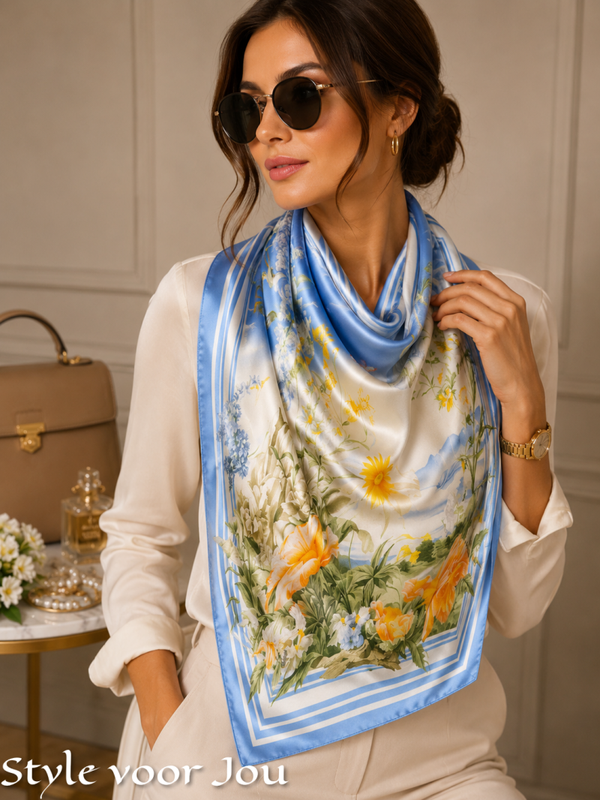 Satijnen sjaaltje Floral Sky Blue