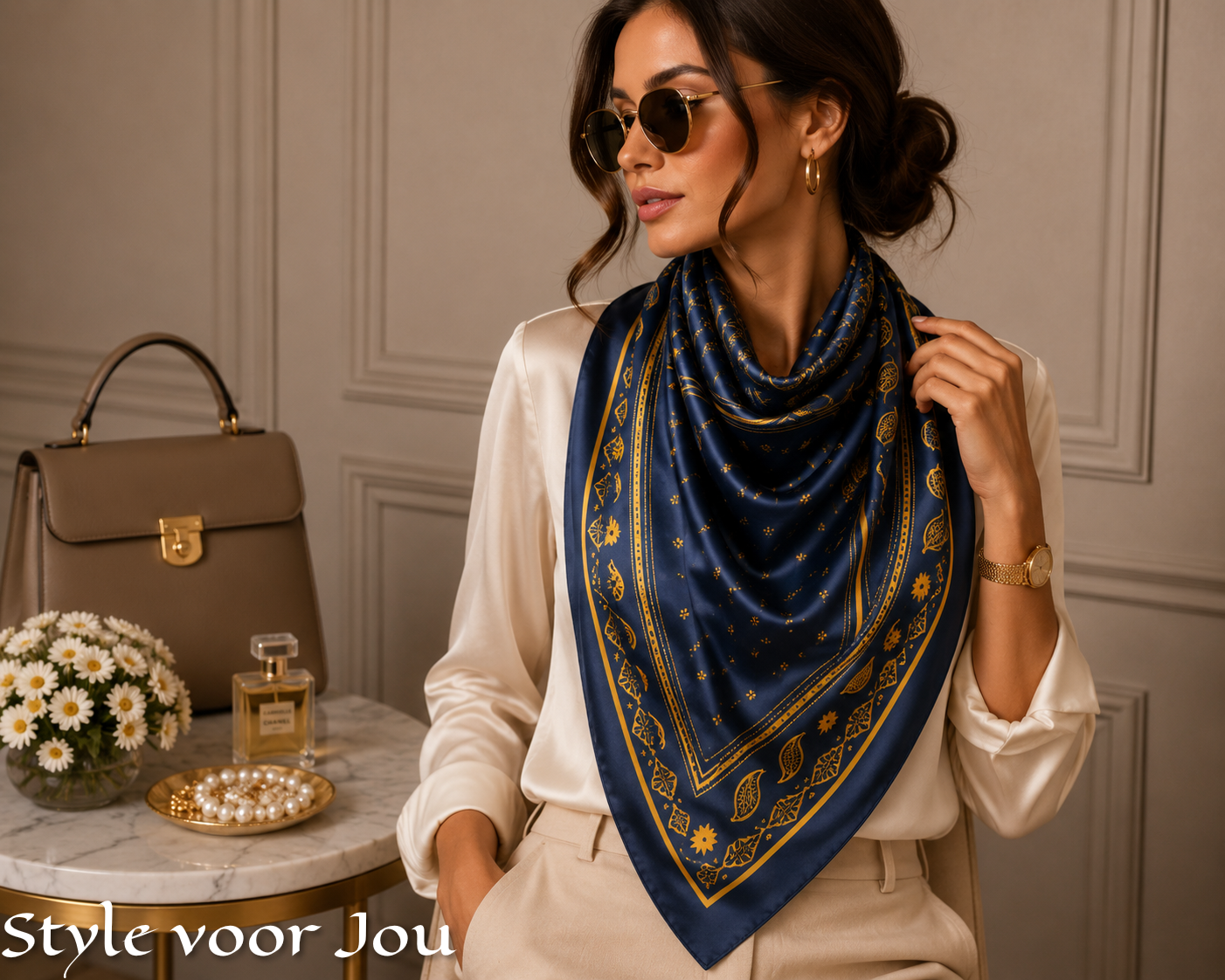 Satijnen sjaaltje Navy Gold Classic