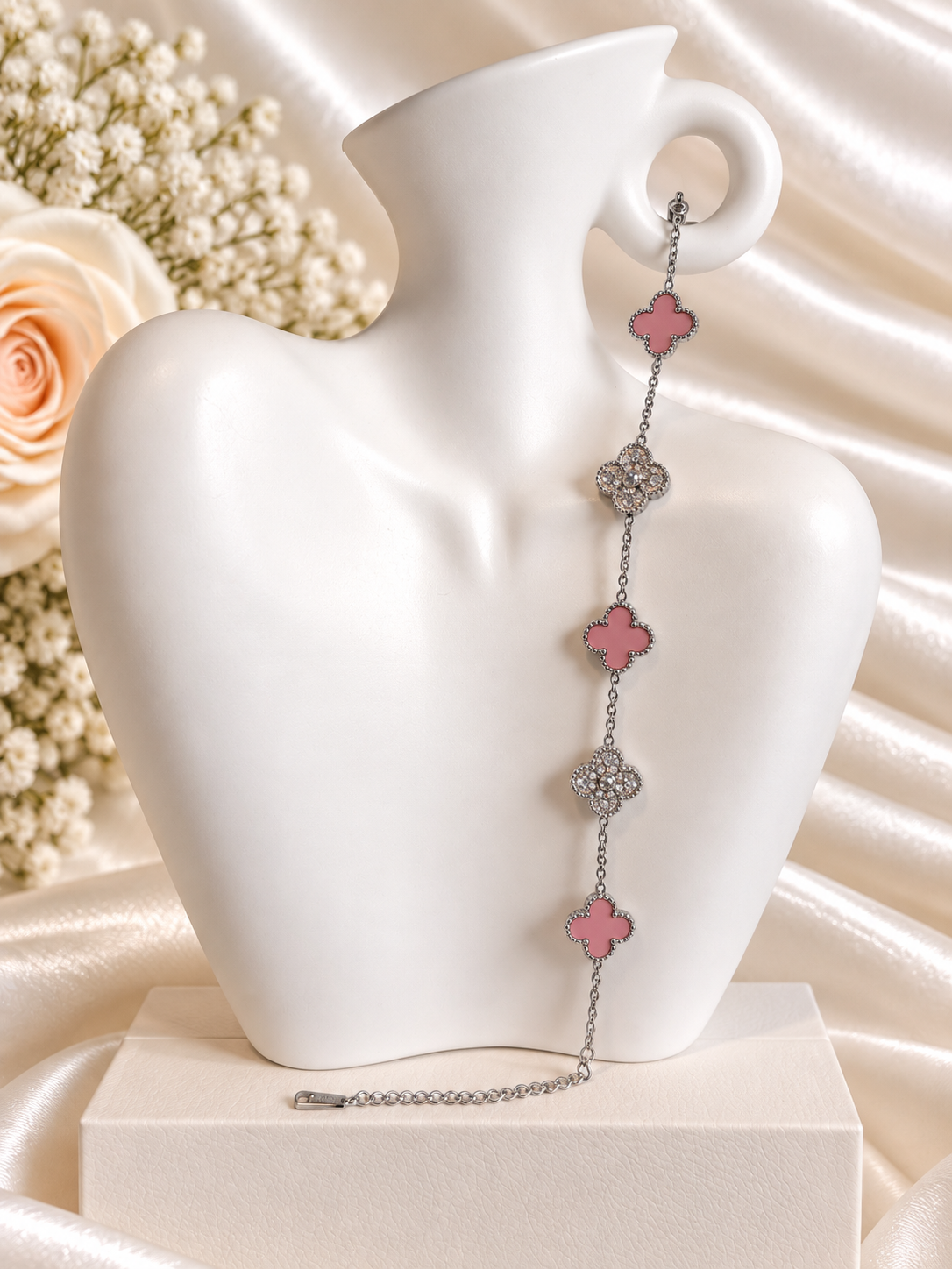 Armband met Roze Klavertjes & Zirkonia – Clover Rose Glamour
