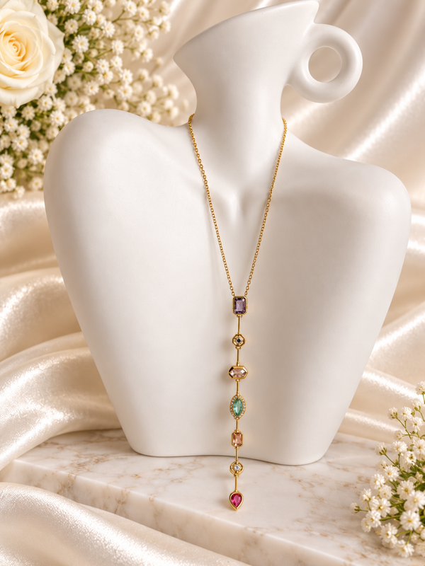 ✨ Gouden Y-Ketting / Krawatka met Gekleurde Geometrische Steentjes