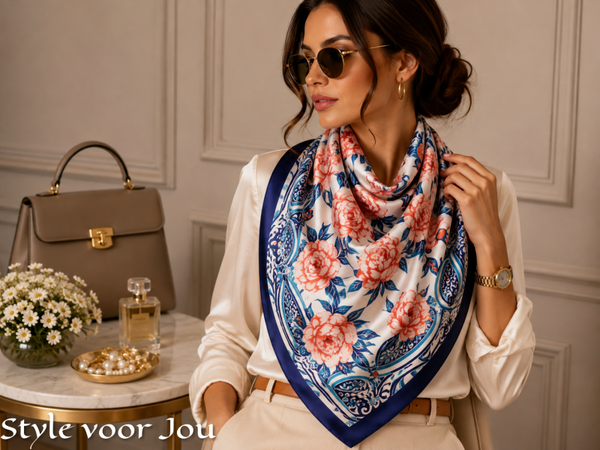 Satijnen sjaaltje Floral Blue Roses